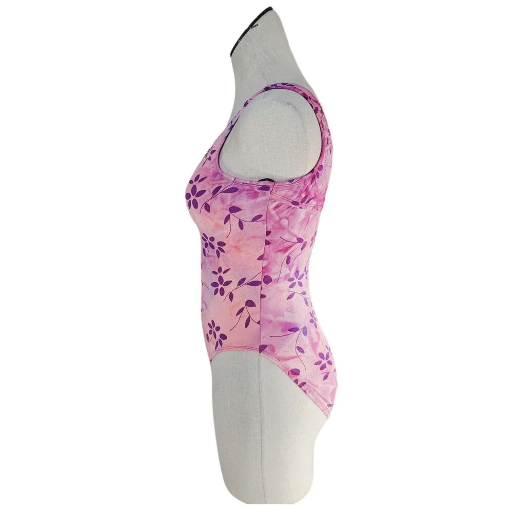 Satara VTG Asymmetric Cutout Glittered Floral Tank Leotard Size AL Pink Marble - Picture 7 of 16